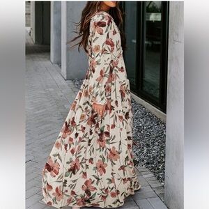 KATE AND LILY Sz 6 SHEER FLORAL BOHO MAXI DRESS LEAVES FLORAL AUTUMN